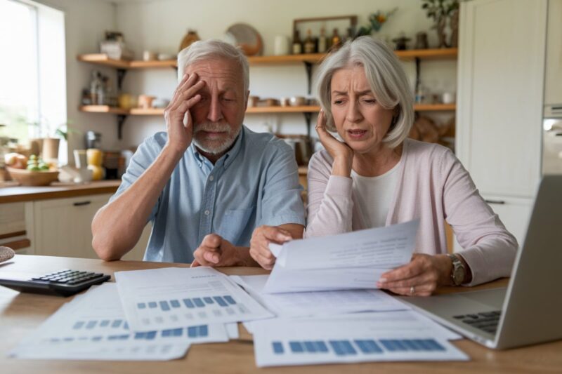 Un couple de retraités examinant des documents financiers