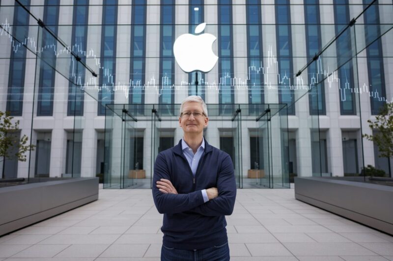 Tim Cook devant le siège d'Apple avec des graphiques boursiers en arrière-plan.
