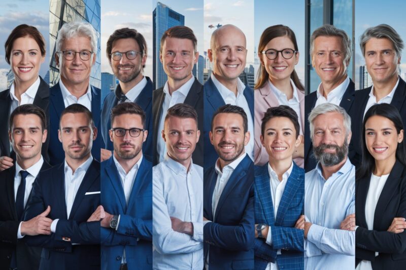 Travailleurs français de divers secteurs devant une ville moderne.