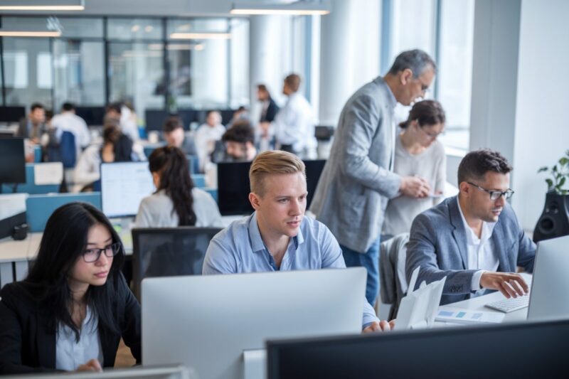 Bureau moderne avec des employés diversifiés travaillant et collaborant