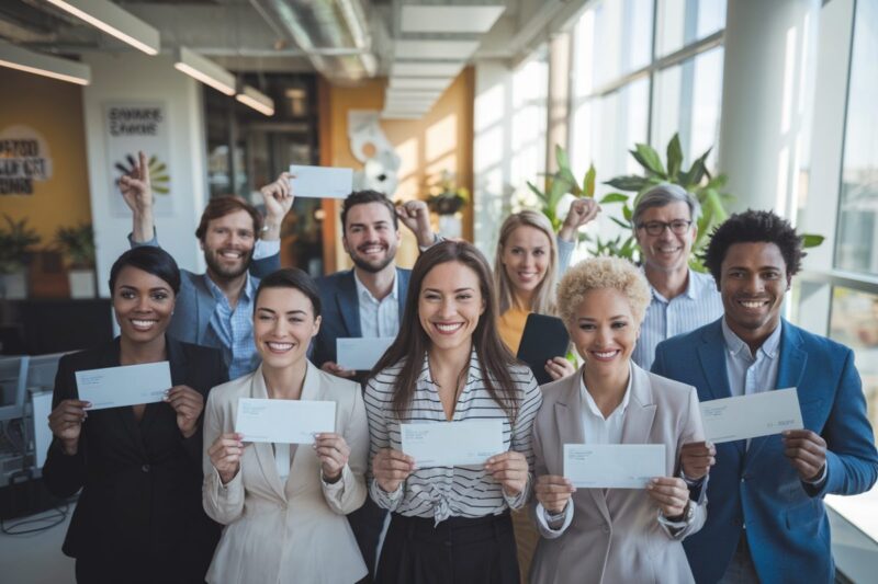 Employés célébrant avec des primes dans un bureau moderne
