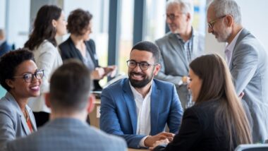 Managers en entreprise interagissant avec des candidats, illustrant la marque manager.
