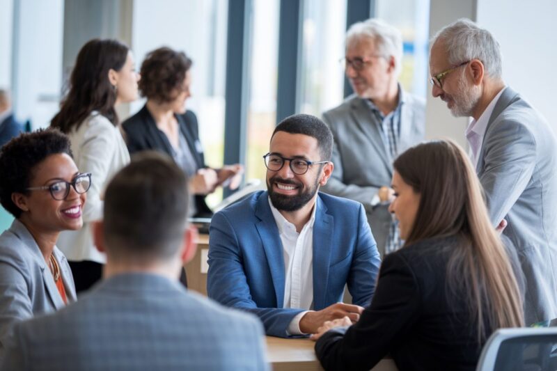 Managers en entreprise interagissant avec des candidats, illustrant la marque manager.