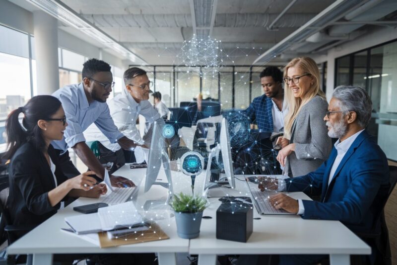 Scène de bureau futuriste montrant une équipe utilisant des outils d'IA.