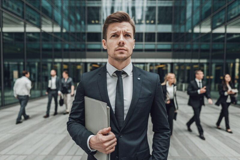 Un homme d'affaires inquiet devant un immeuble de bureaux moderne.