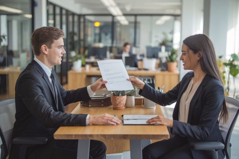 Un salarié remet une lettre de démission à un manager dans un bureau.