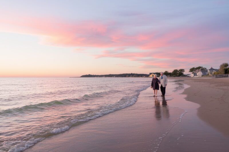 Plage d'Arcachon au coucher du soleil avec un couple âgé